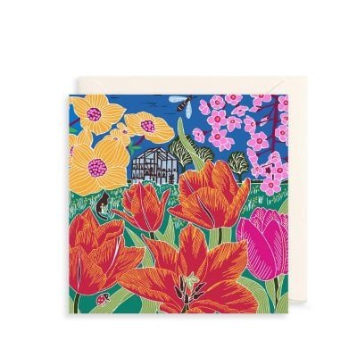 Cat, Greenhouse & Tulips Card