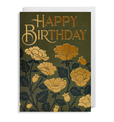 Gold Flowers Happy Birthday Card
