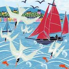 Sail Boat & Diving Birds Card